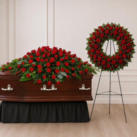 Red Roses Casket & Floral Wreath on an easel
